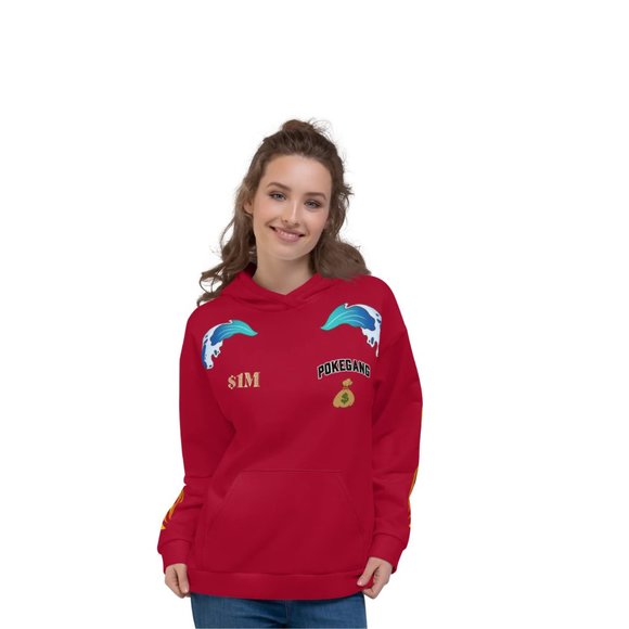 PokeGang Unisex Red Long Sleeve Side Kangaroo Pocket Pullover Soft Fleece Hoodie - Picture 4 of 8